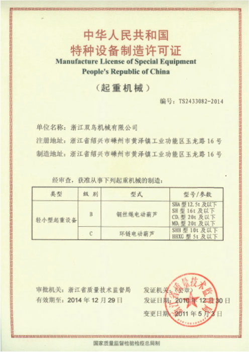 特種設備製造許可證