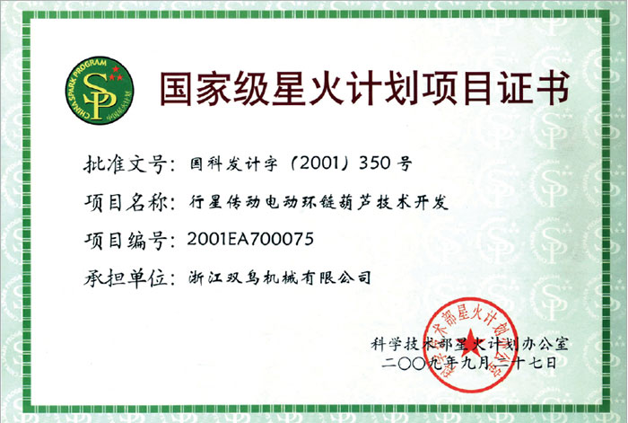 國家級星火計劃項目證書